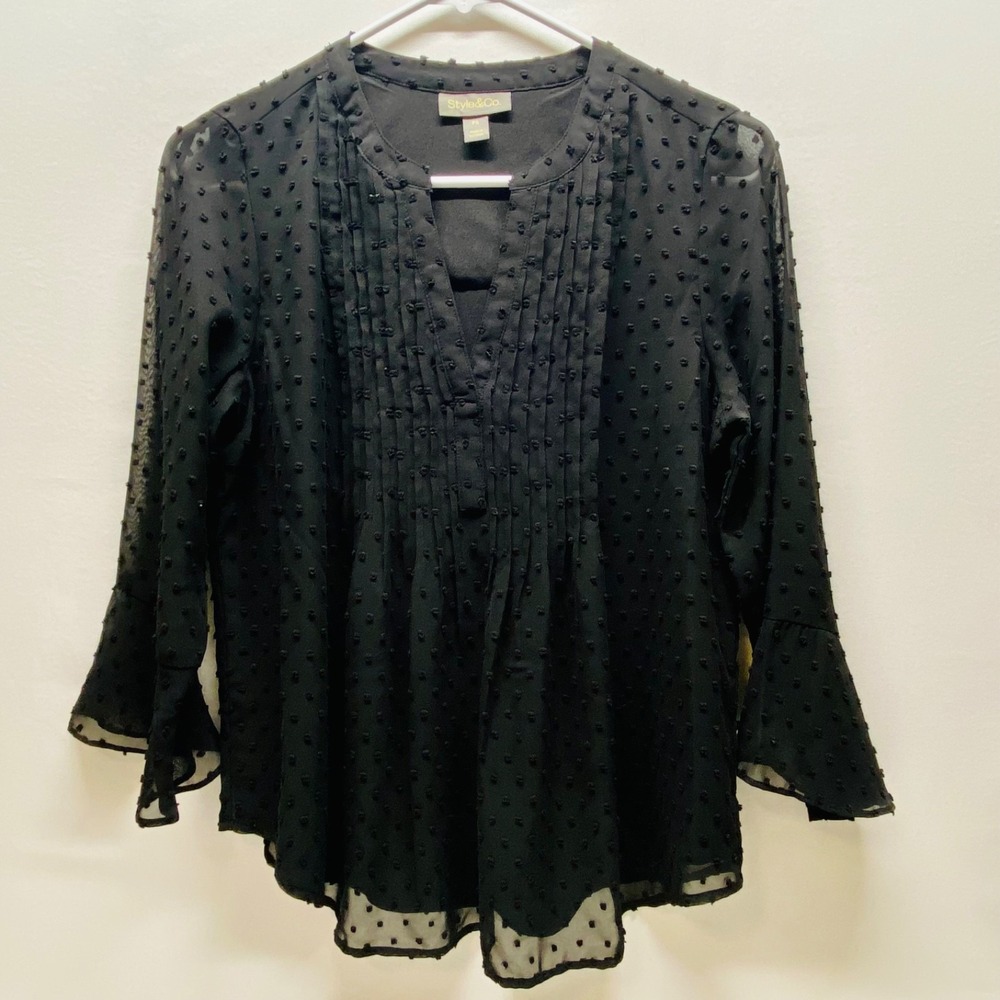 Style &‎ Co V-Neck Popover Blouse Women's PS Petite Small Black Semi Sheer Lined